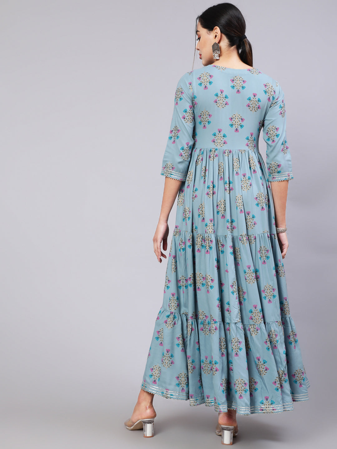 Rayon Ankle Length Printed Semi-Flared 3/4 Sleeve Round Neck Kurta