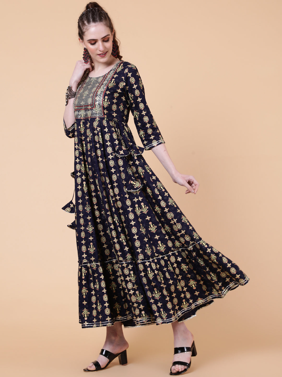 Rayon Ankle Length Length Printed Flared 3/4 Sleeves Round Neck Kurta