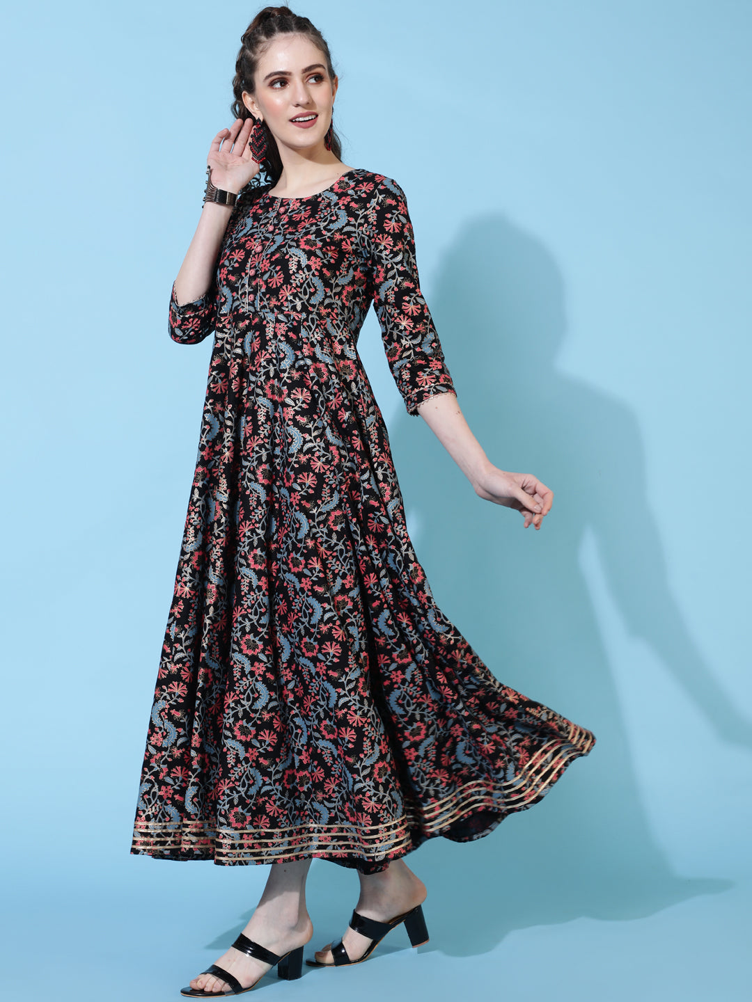 Rayon Ankle Length Printed Flared 3/4 Sleeves Round Neck Dress