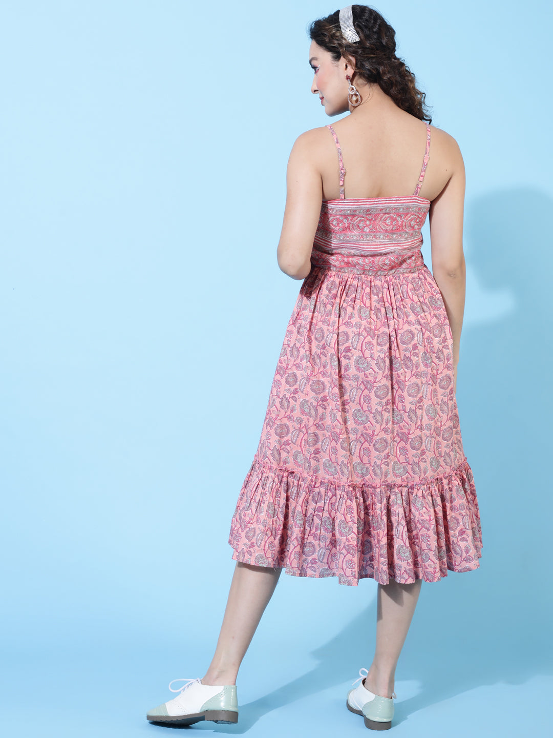 Cotton Knee Length Printed Flared Strappy Sleeves Square Neck Dress