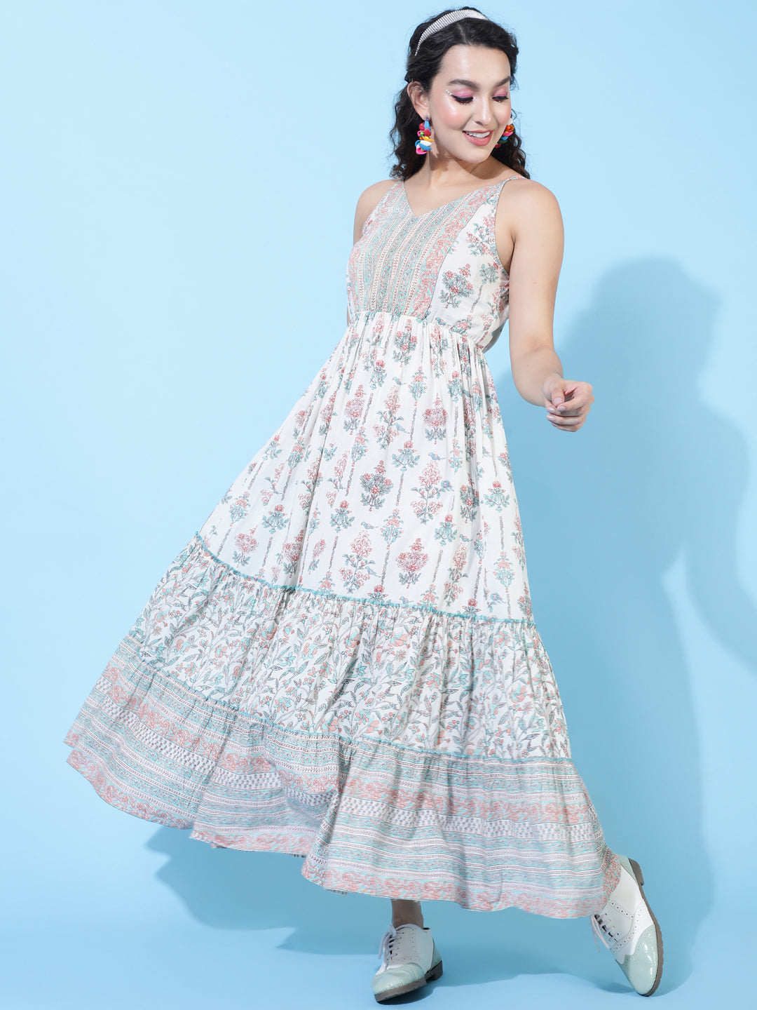 Cotton Ankle Length Printed Flared Strappy Sleeves V-Neck Dress