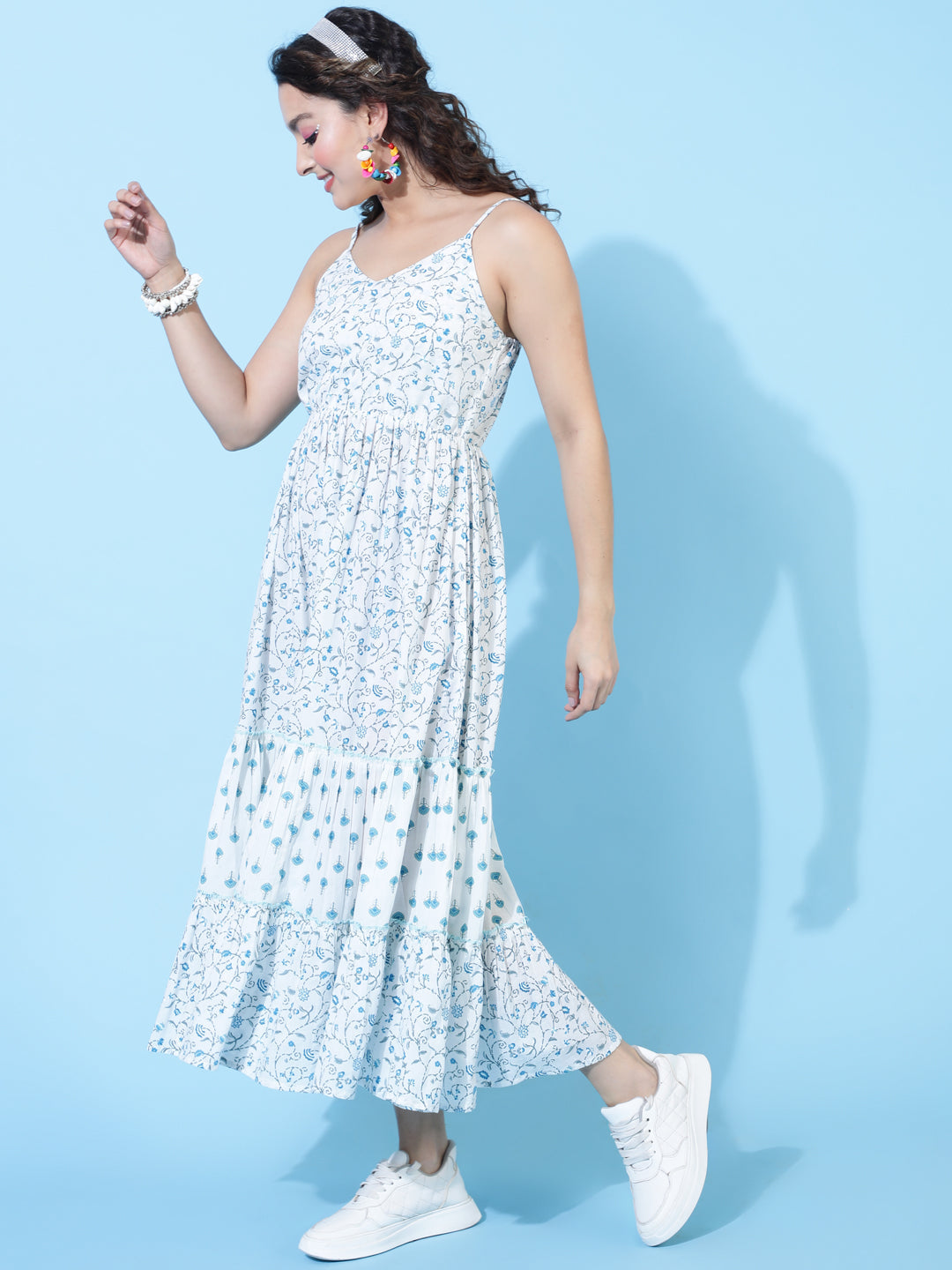 Cotton Calf Length Printed Flared Strappy Sleeves V-Neck Dress
