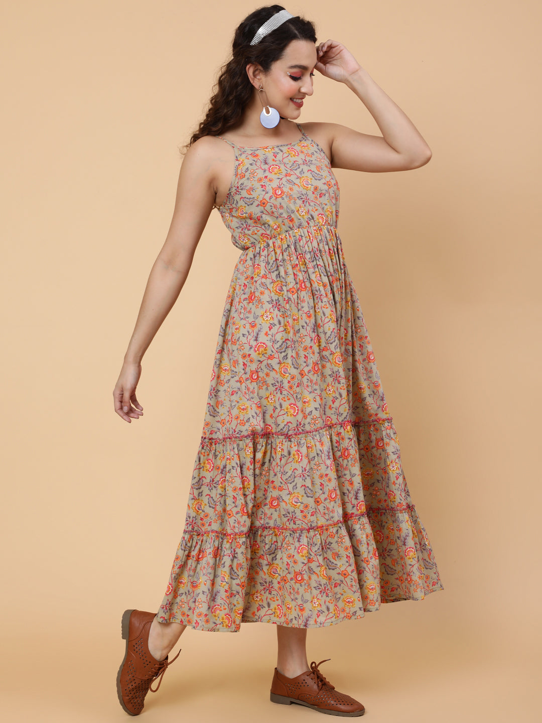 Cotton Calf Length Printed Flared Strappy Sleeves Square Neck Dress