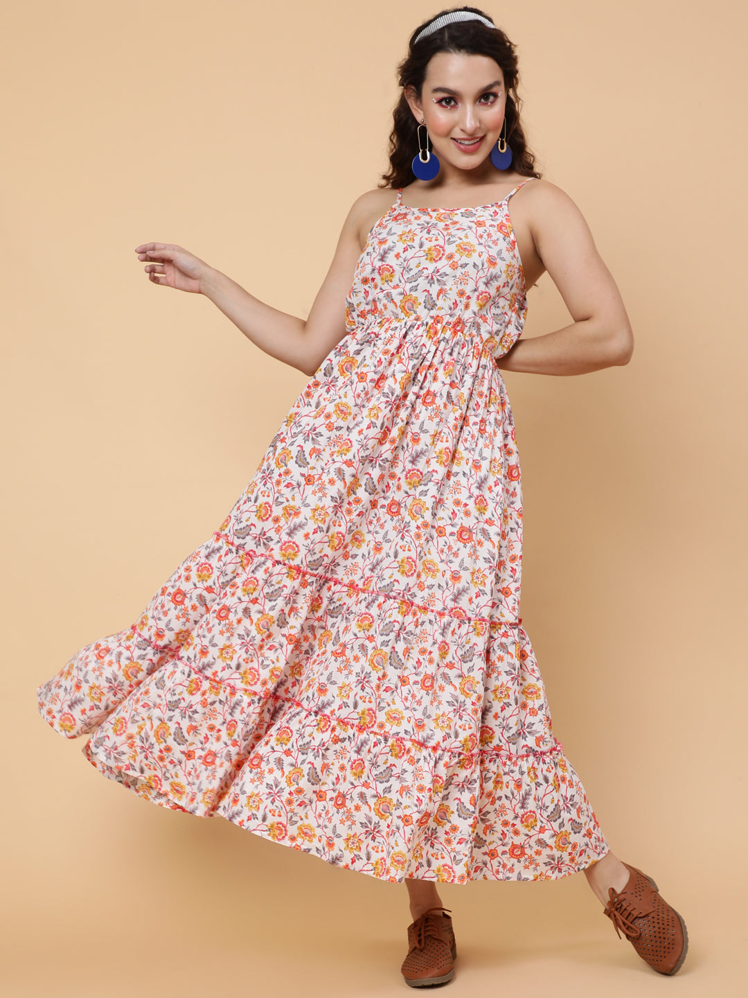 Cotton Calf Length Printed Flared Strappy Sleeves Square Neck Dress