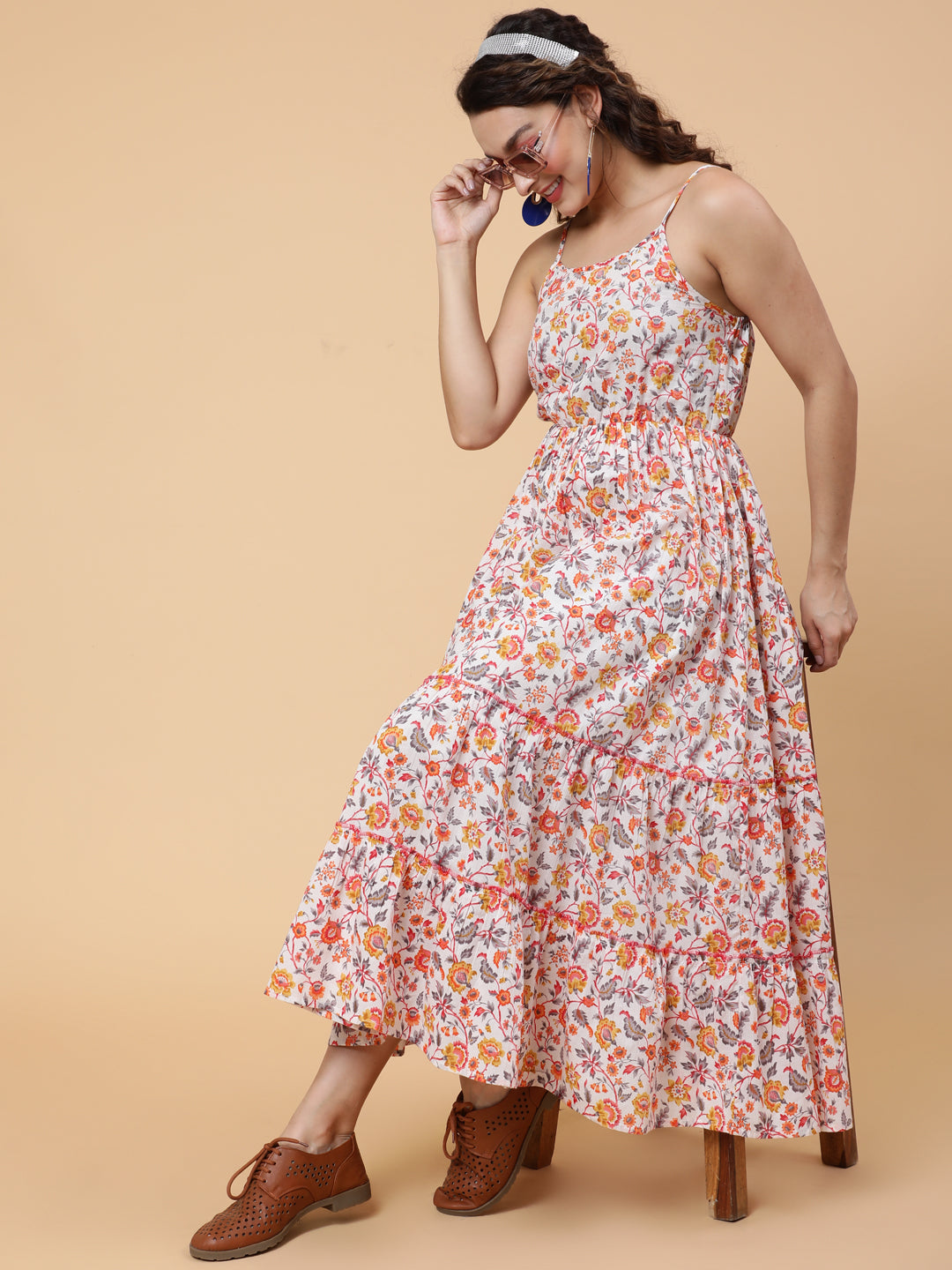 Cotton Calf Length Printed Flared Strappy Sleeves Square Neck Dress