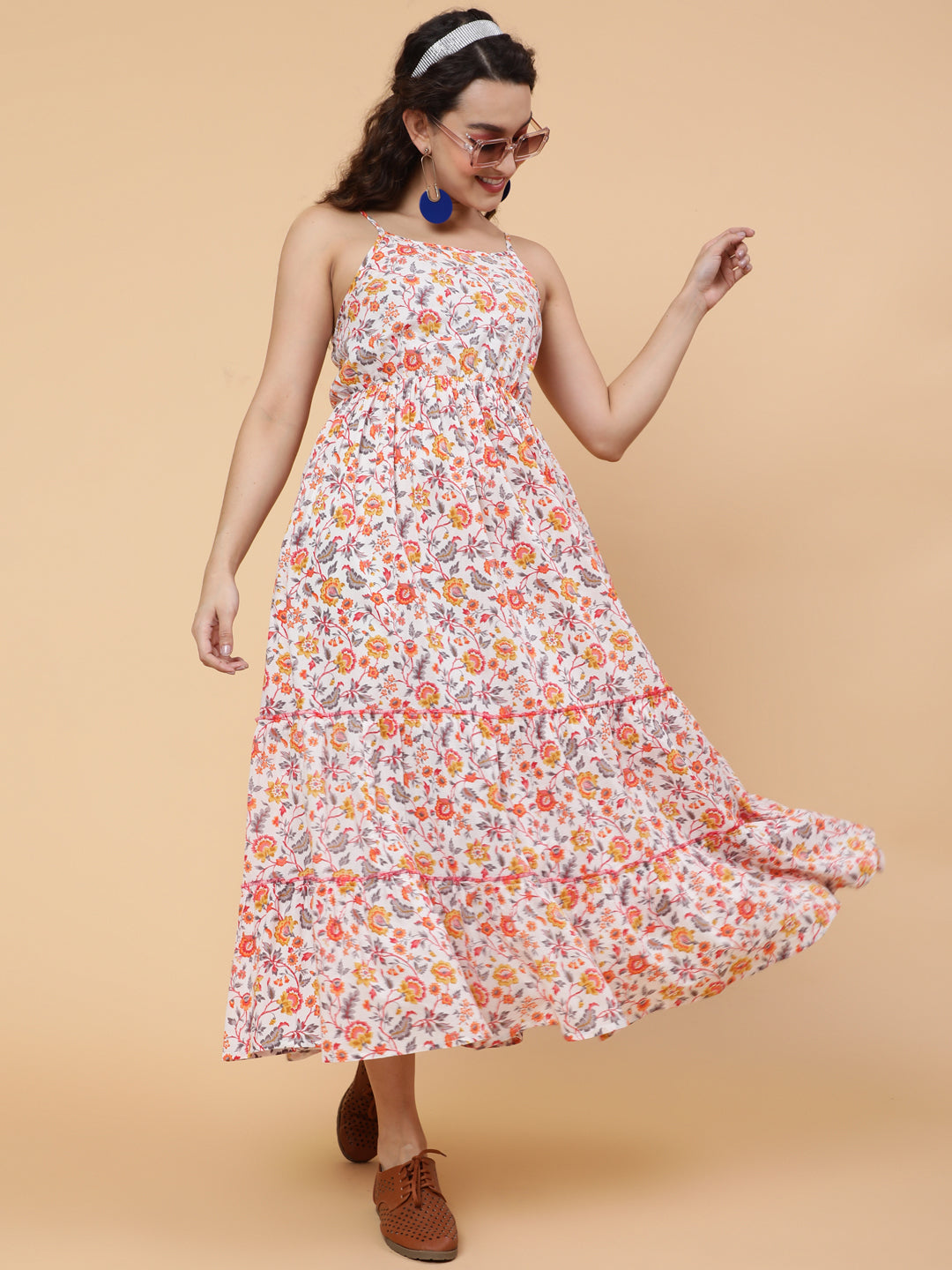 Cotton Calf Length Printed Flared Strappy Sleeves Square Neck Dress