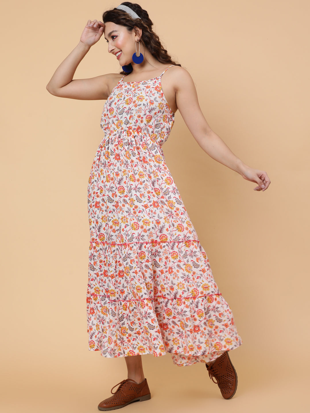 Cotton Calf Length Printed Flared Strappy Sleeves Square Neck Dress