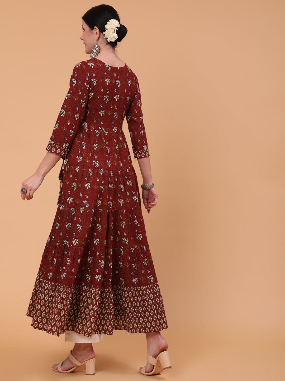 Cotton Ankle Length Printed Flared 3/4 Sleeve Round Neck Dress