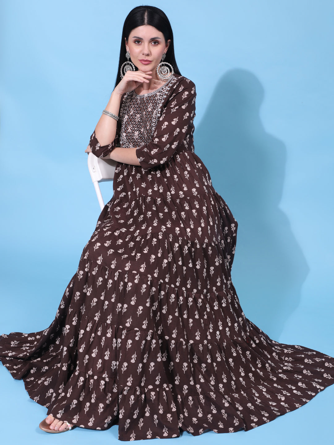 Cotton Full Length Embroidered Flared 3/4 Sleeve Round Neck Dress