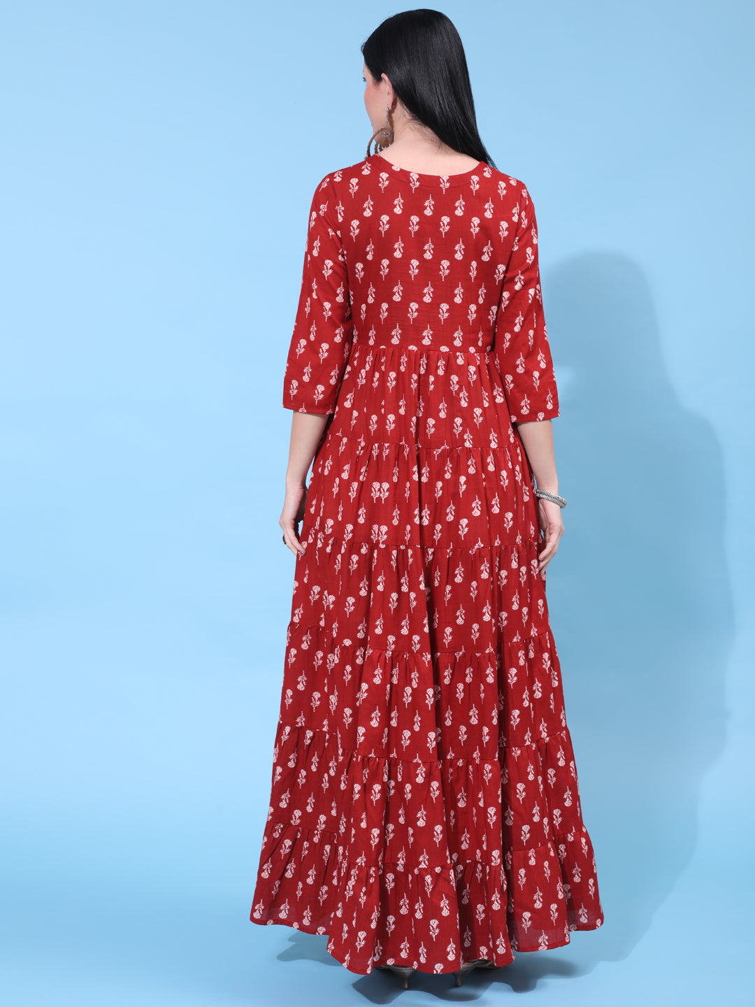Cotton Full Length Embroidered Flared 3/4 Sleeve Round Neck Dress