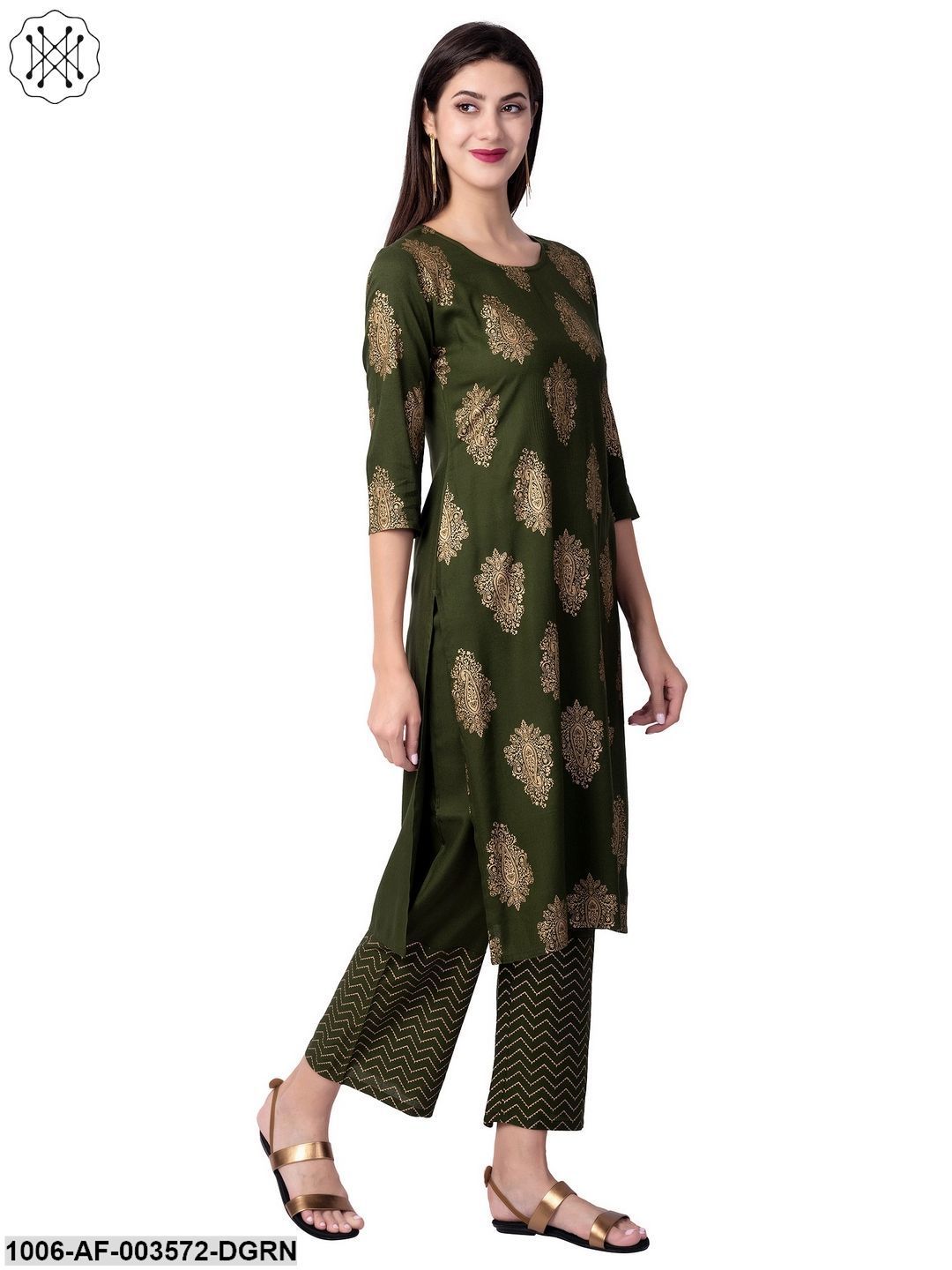 Women's Straight Rayon Printed Kurta Pant Set (Olive)