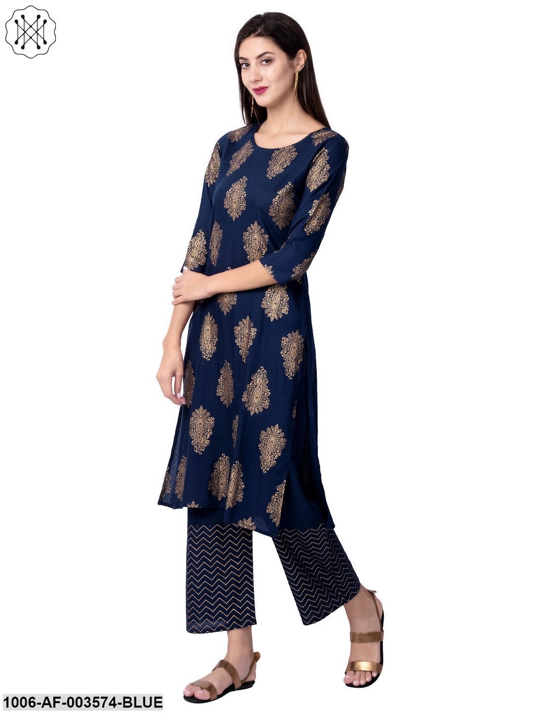 Women's Straight Rayon Printed Kurta Pant Set (Blue)