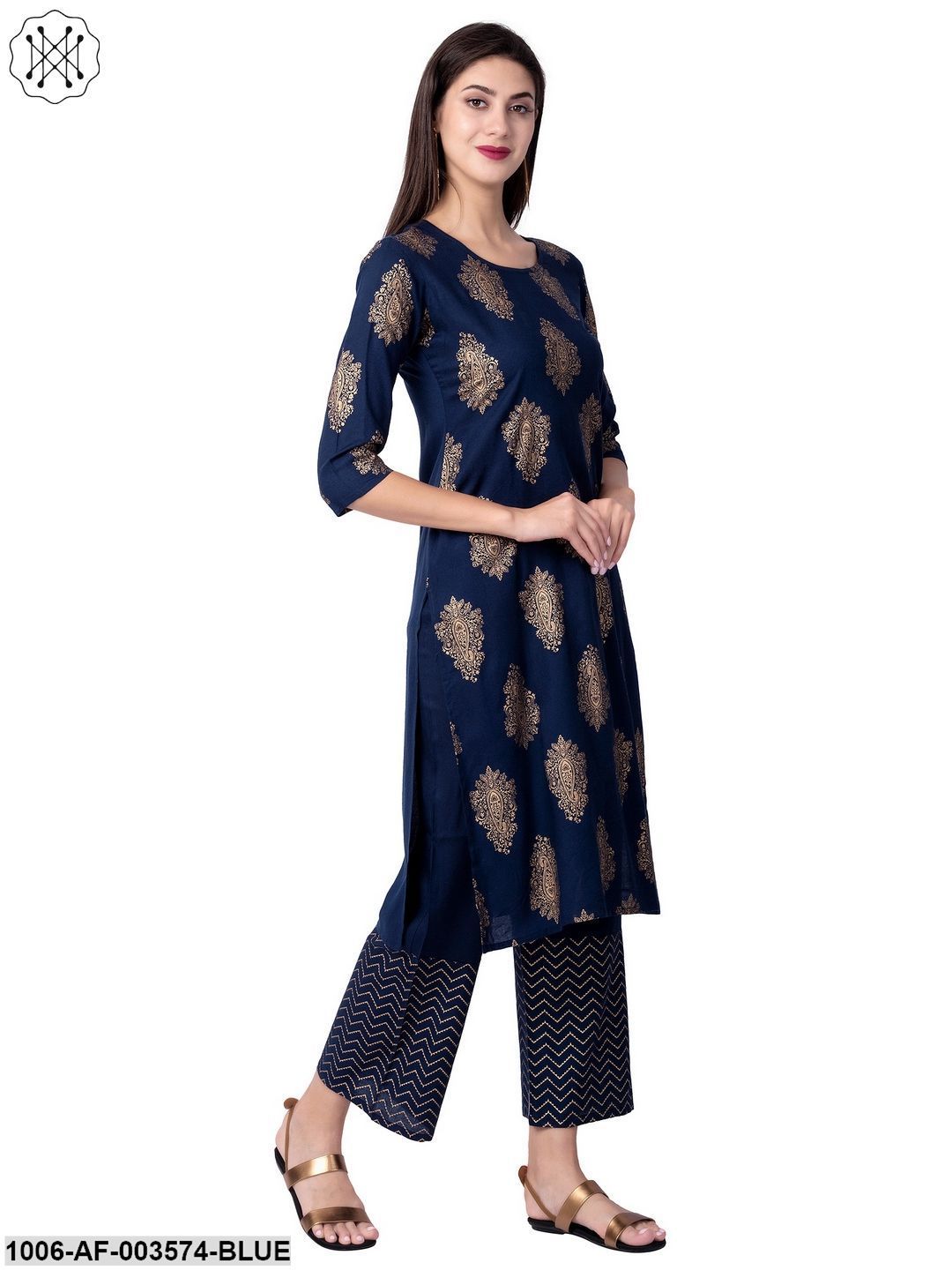 Women's Straight Rayon Printed Kurta Pant Set (Blue)