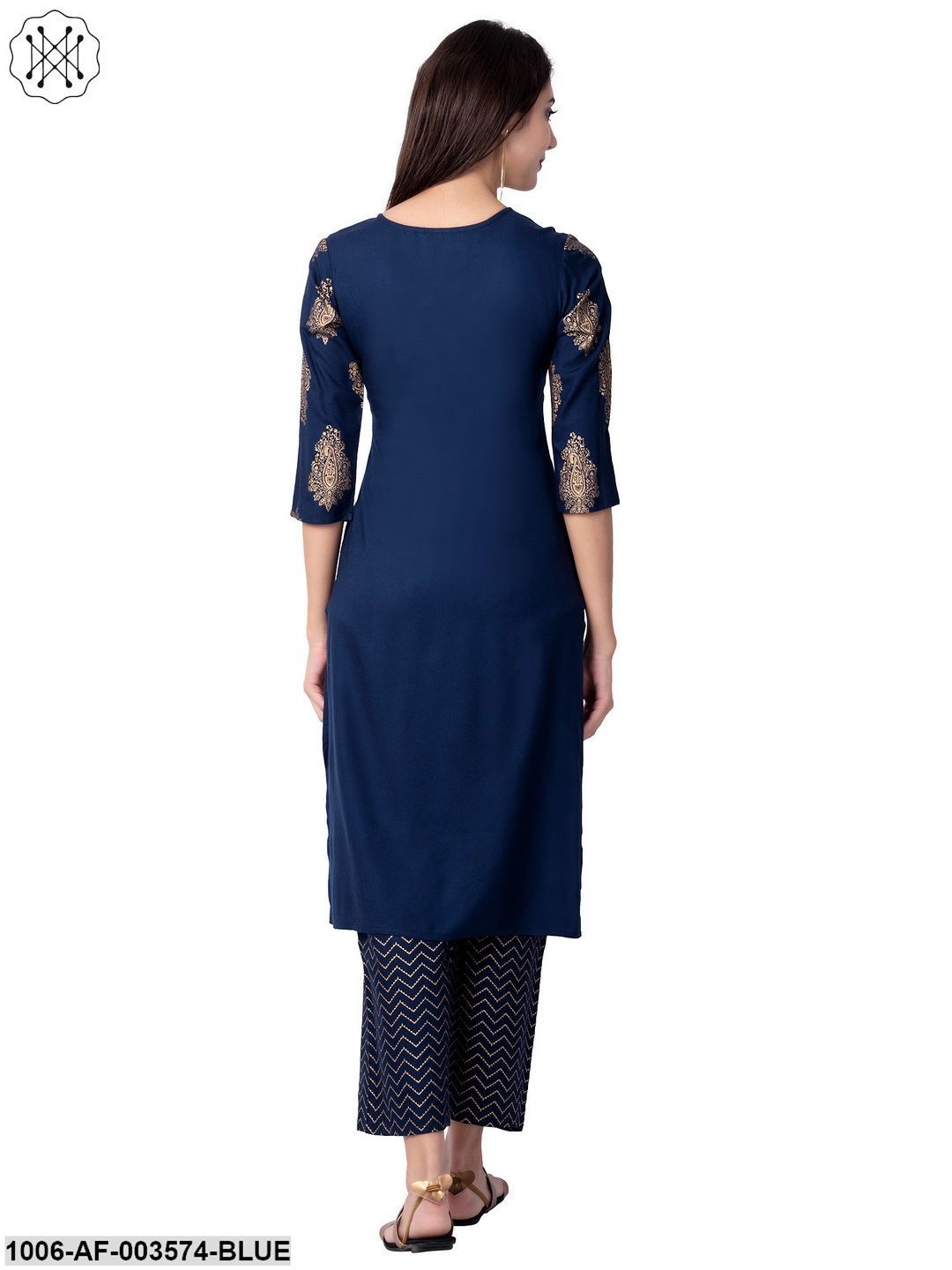 Women's Straight Rayon Printed Kurta Pant Set (Blue)