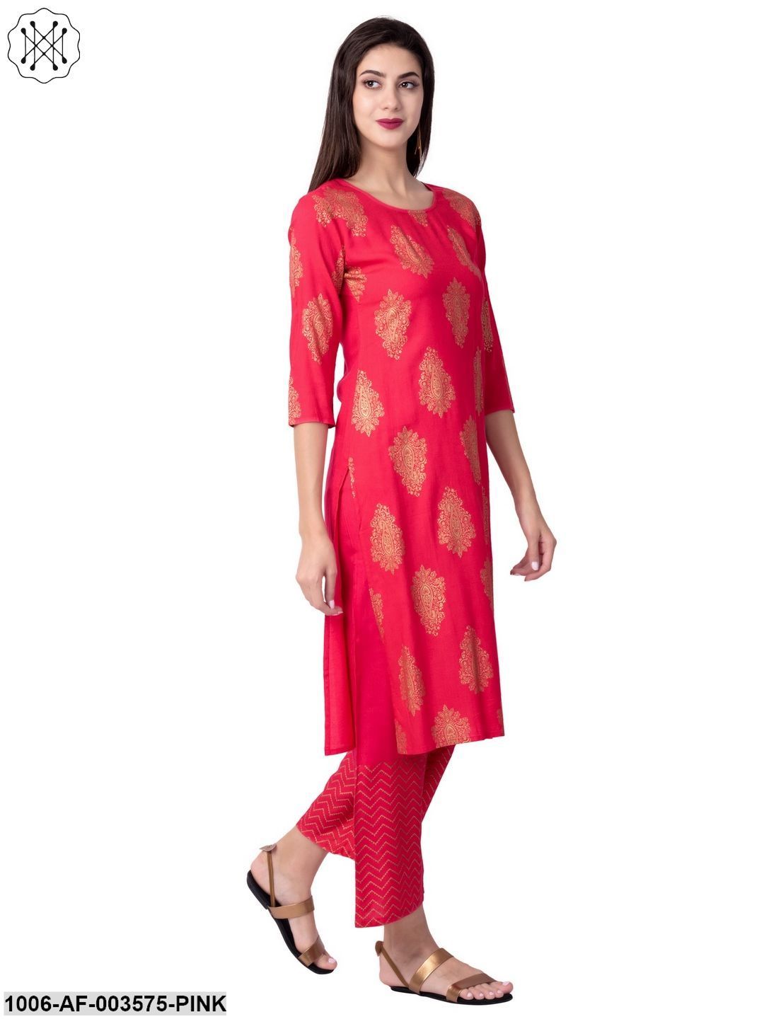 Women's Straight Rayon Printed Kurta Pant Set (Pink)
