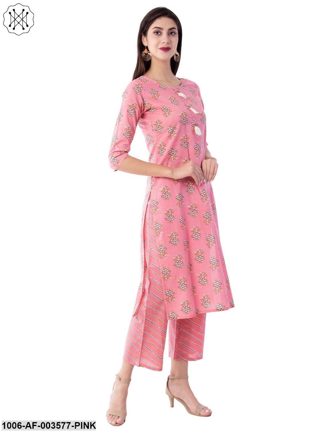 Women's Straight Cotton Printed Kurta Pant Set (Pink)