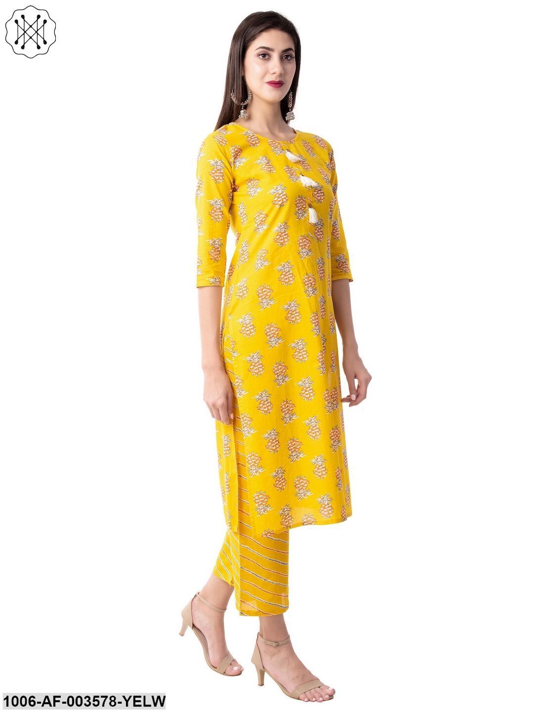 Women's Straight Cotton Printed Kurta Pant Set (Yellow)