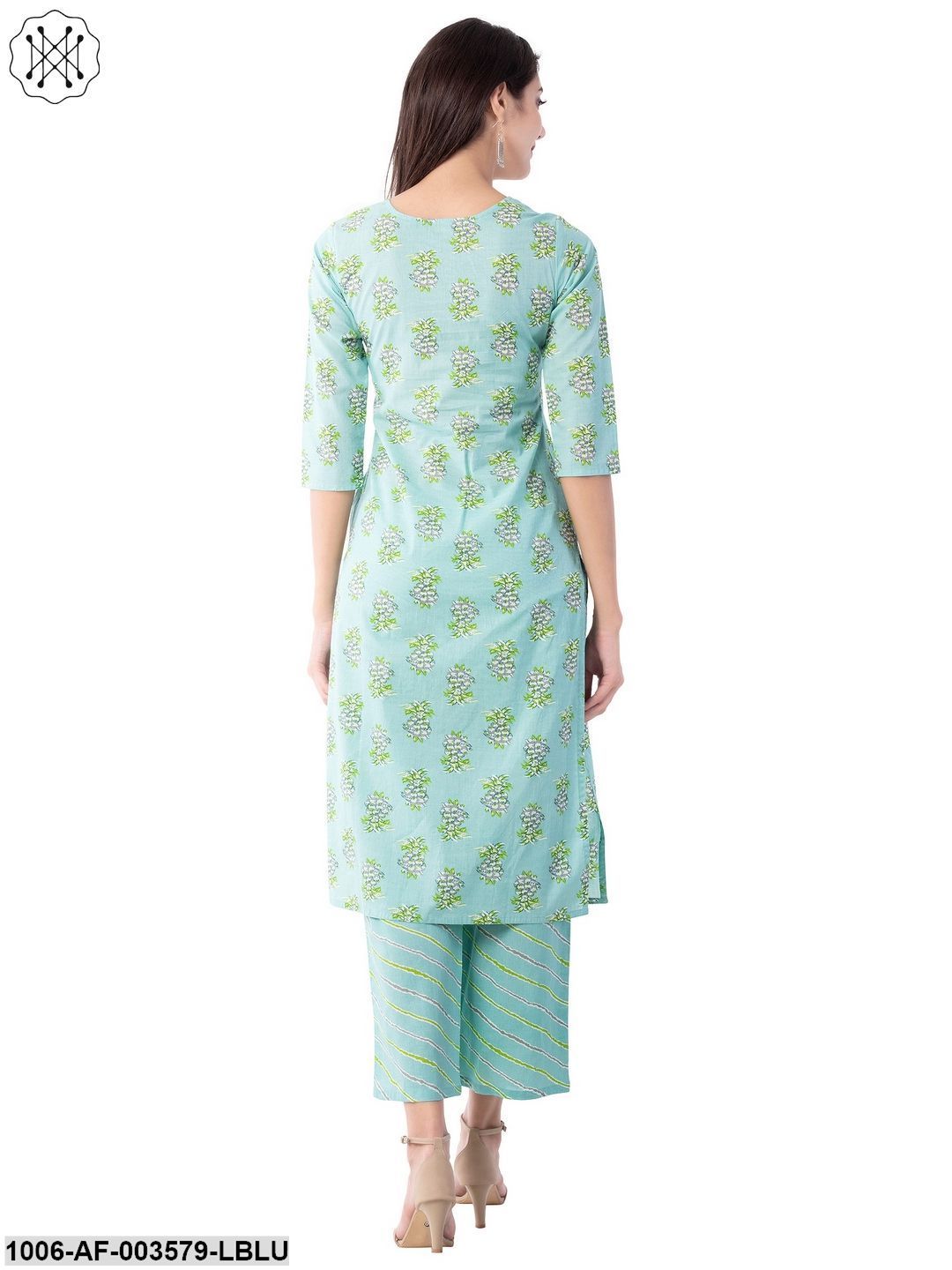 Women's Straight Cotton Printed Kurta Pant Set (Blue)