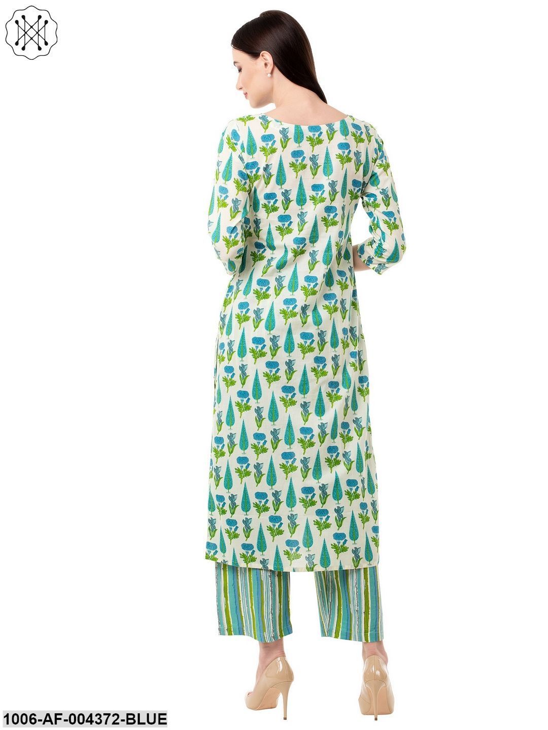 Women's Straight Cotton Printed Kurta Pant Set (Blue)