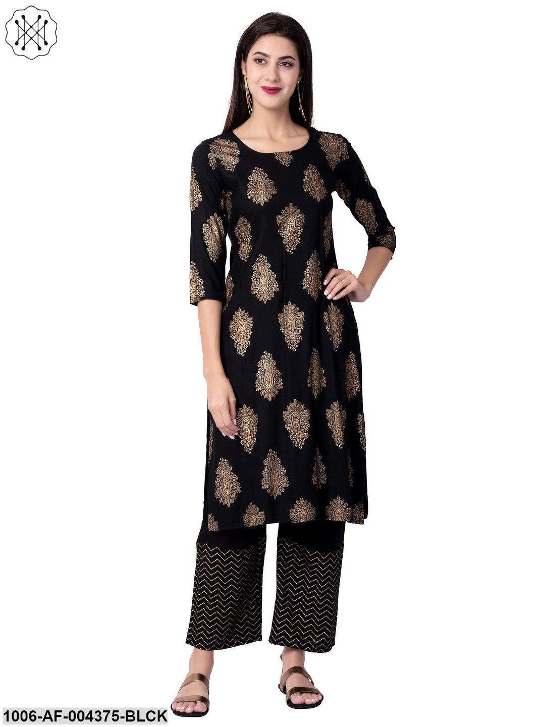 Women's Straight Rayon Printed Kurta Pant Set (Black)