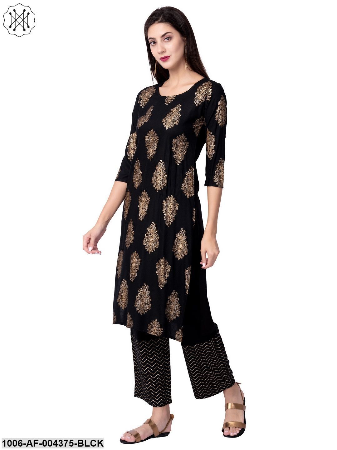Women's Straight Rayon Printed Kurta Pant Set (Black)