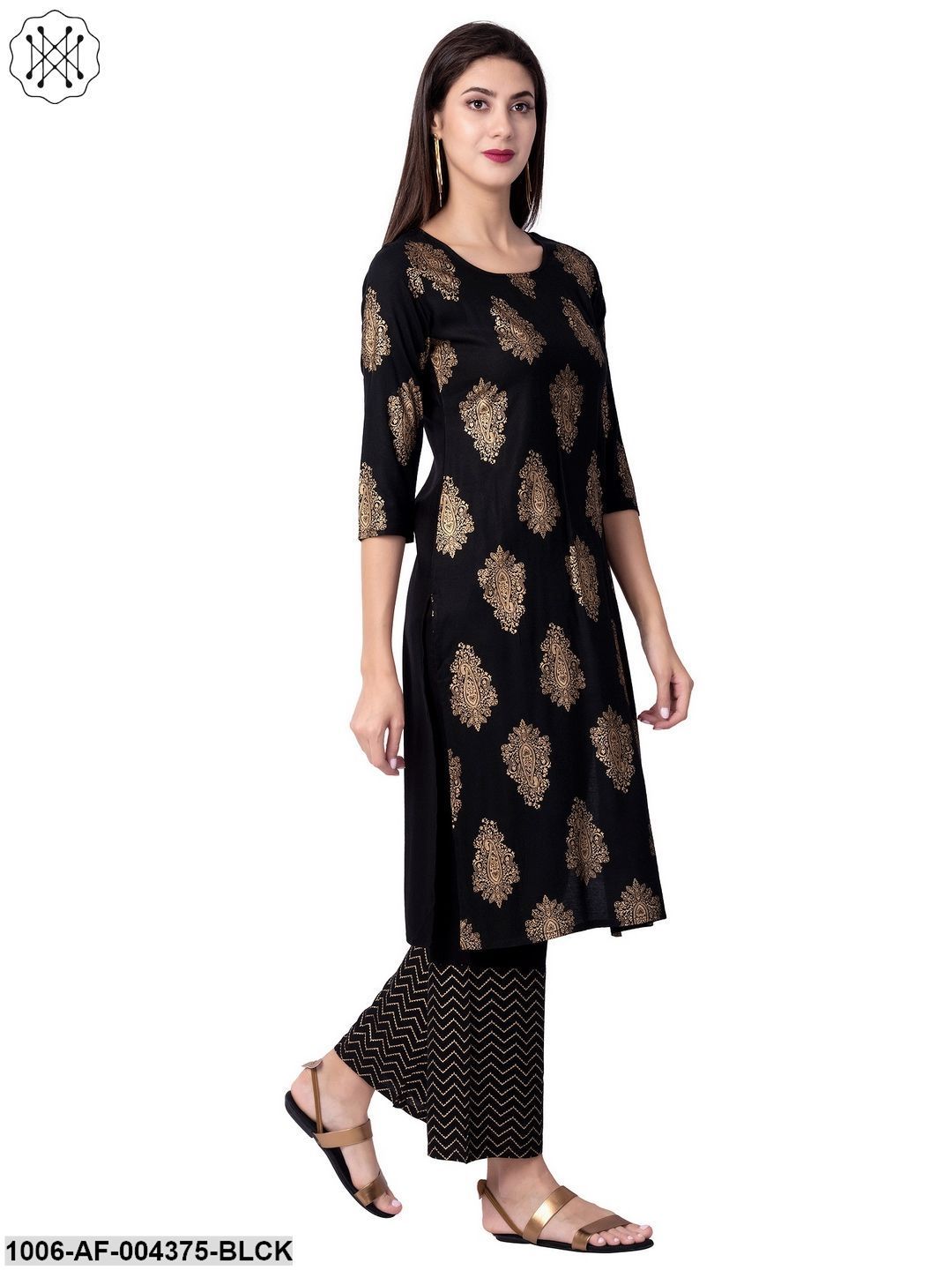 Women's Straight Rayon Printed Kurta Pant Set (Black)