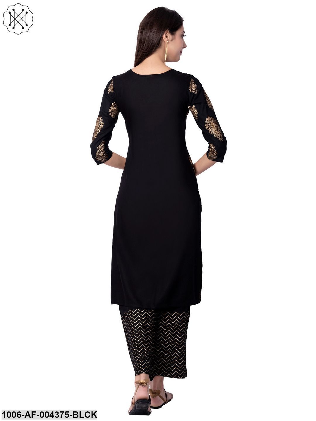 Women's Straight Rayon Printed Kurta Pant Set (Black)