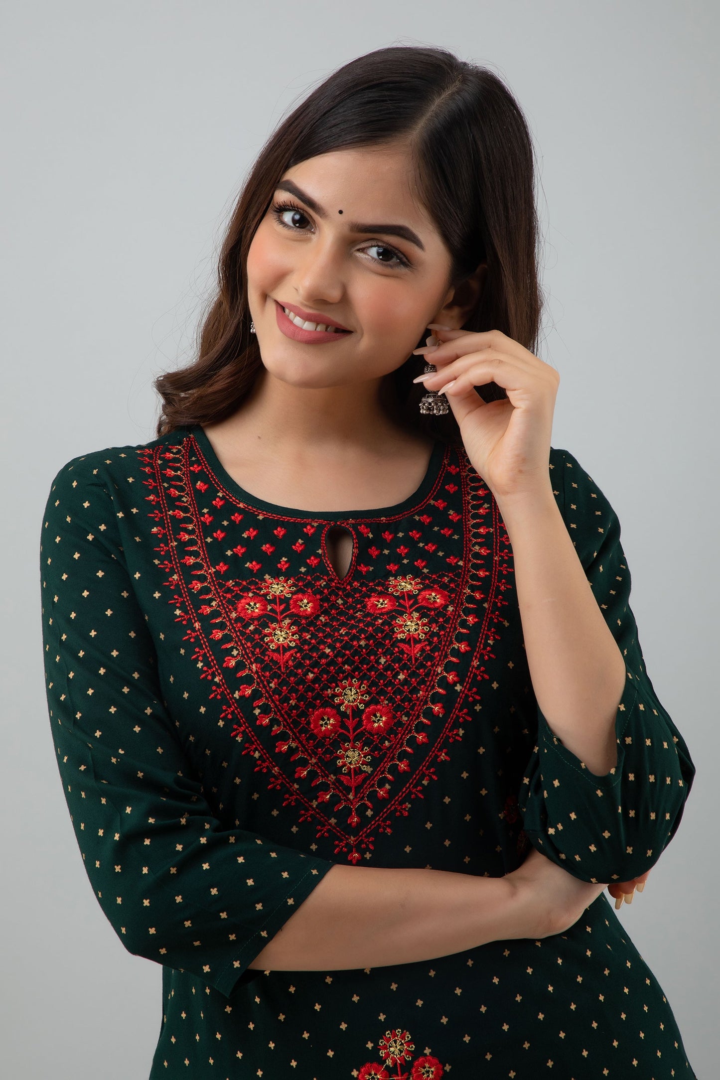 Embroidered Straight Calf Length 3/4 Sleeves Keyhole Neck Rayon Kurta Dupatta Bottom Set