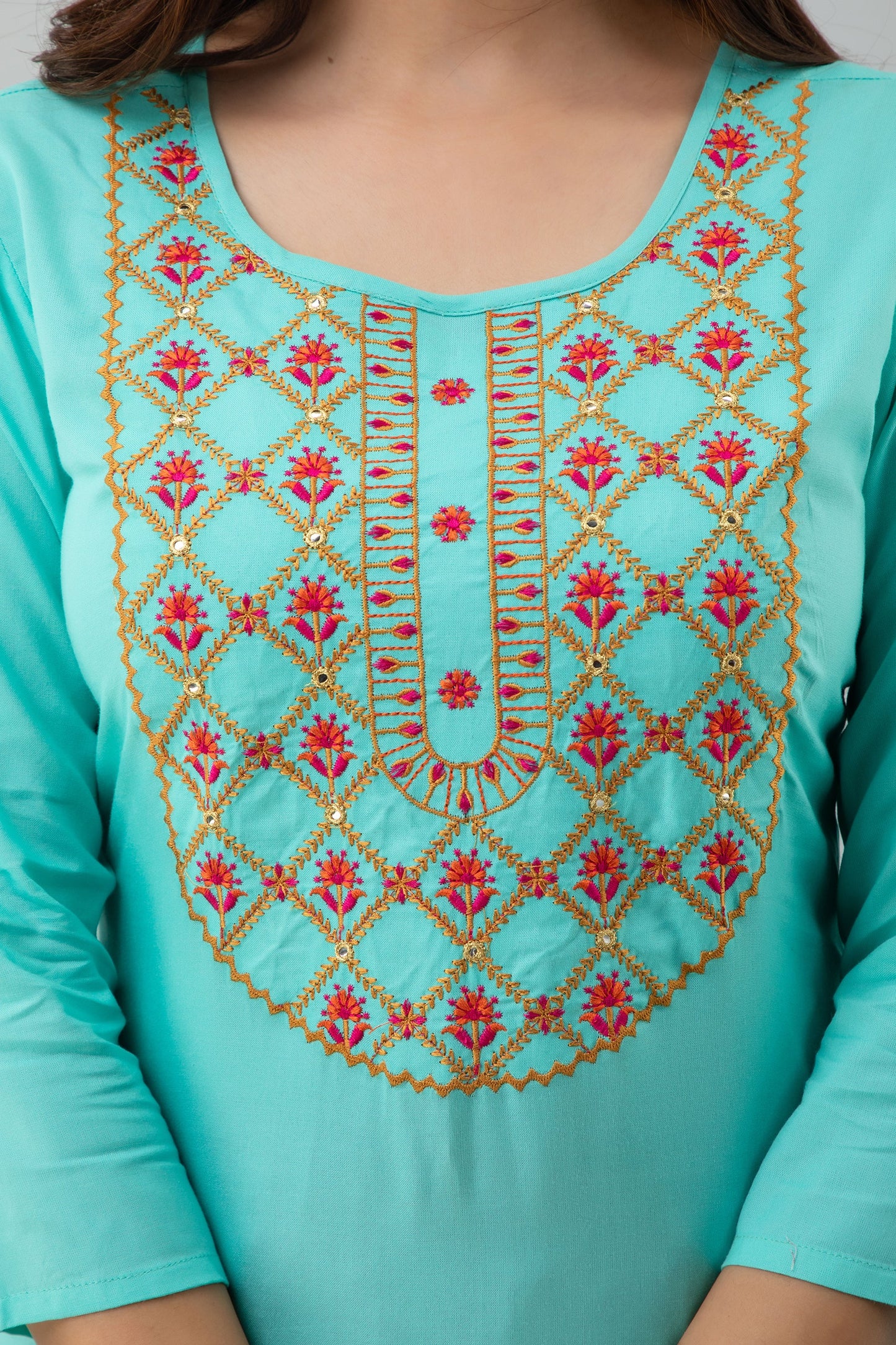 Rayon Calf Length Embroidered Straight 3/4 Sleeves Round Neck Kurta Set