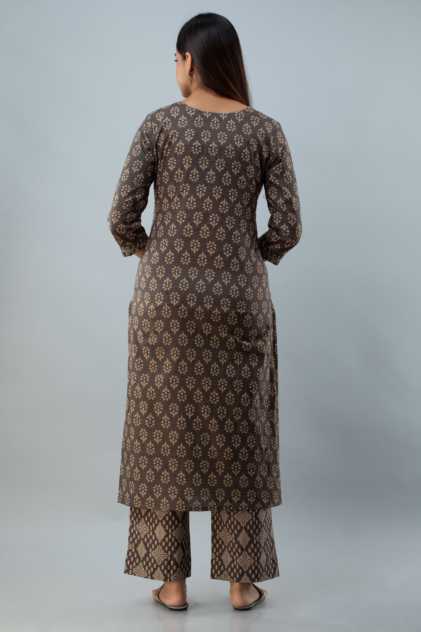 Cotton Calf Length Printed Embroidered Straight 3/4 Sleeves Round Neck Kurta Set