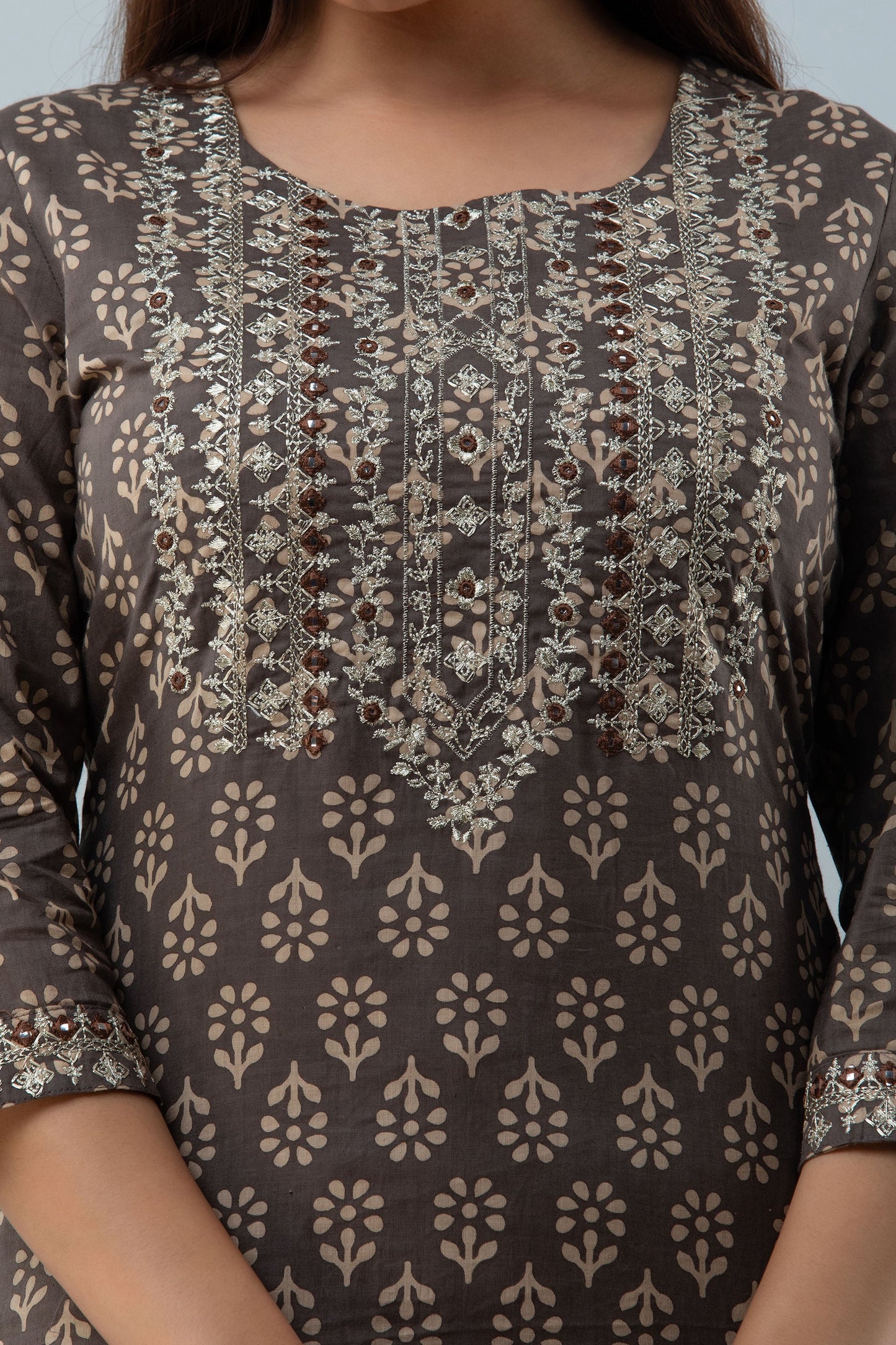 Cotton Calf Length Printed Embroidered Straight 3/4 Sleeves Round Neck Kurta Set