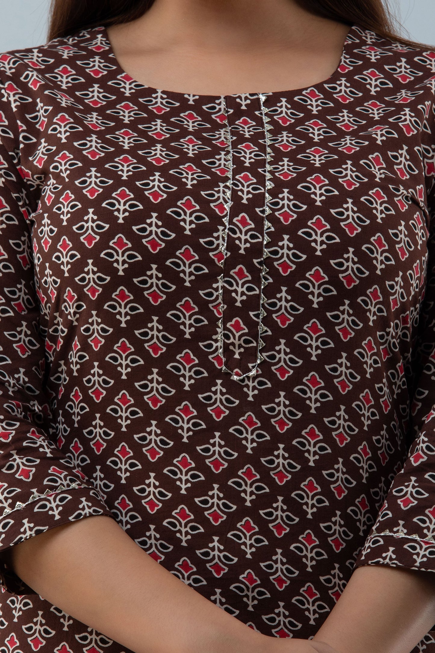 Cotton Calf Length Printed Straight 3/4 Sleeves Round Neck Kurta Set