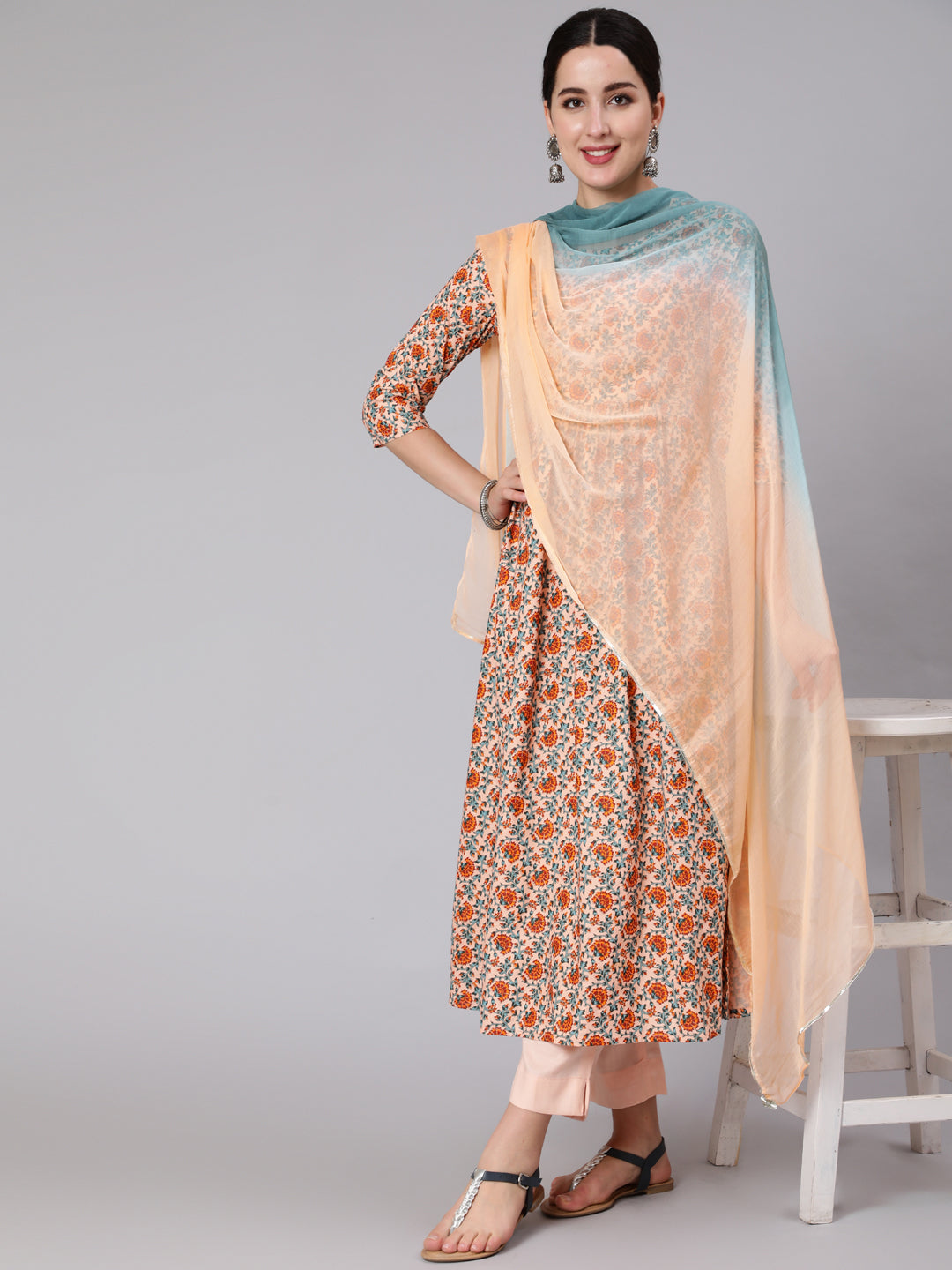 Rayon Calf Length Printed Flared 3/4 Sleeve Round Neck Kurta Set