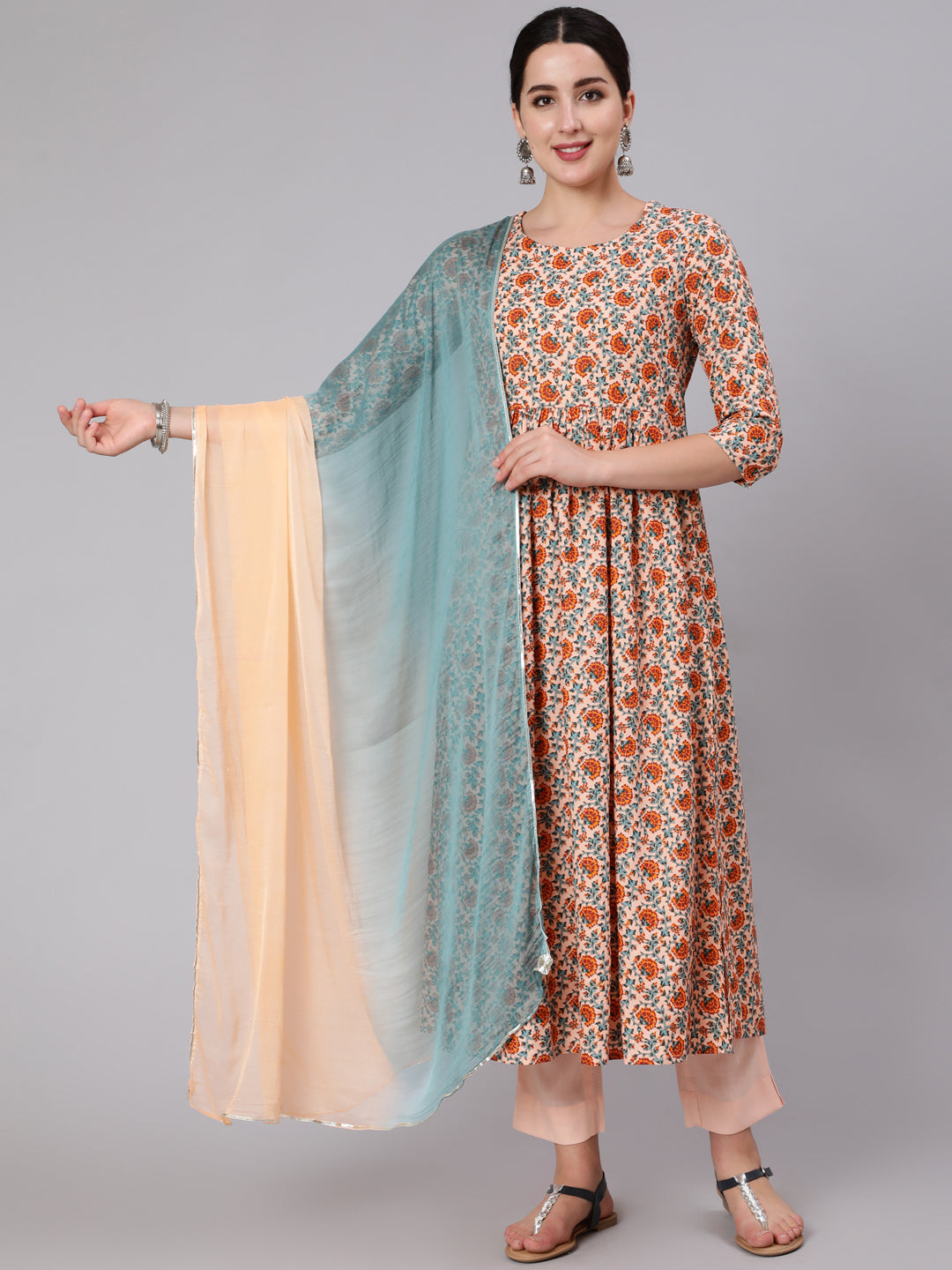 Rayon Calf Length Printed Flared 3/4 Sleeve Round Neck Kurta Set