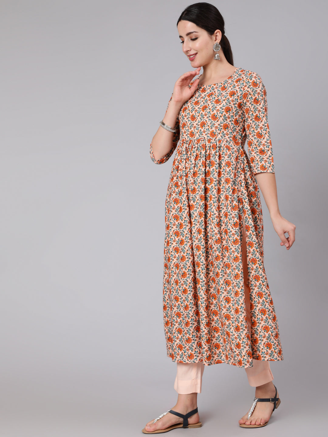 Rayon Calf Length Printed Flared 3/4 Sleeve Round Neck Kurta Set