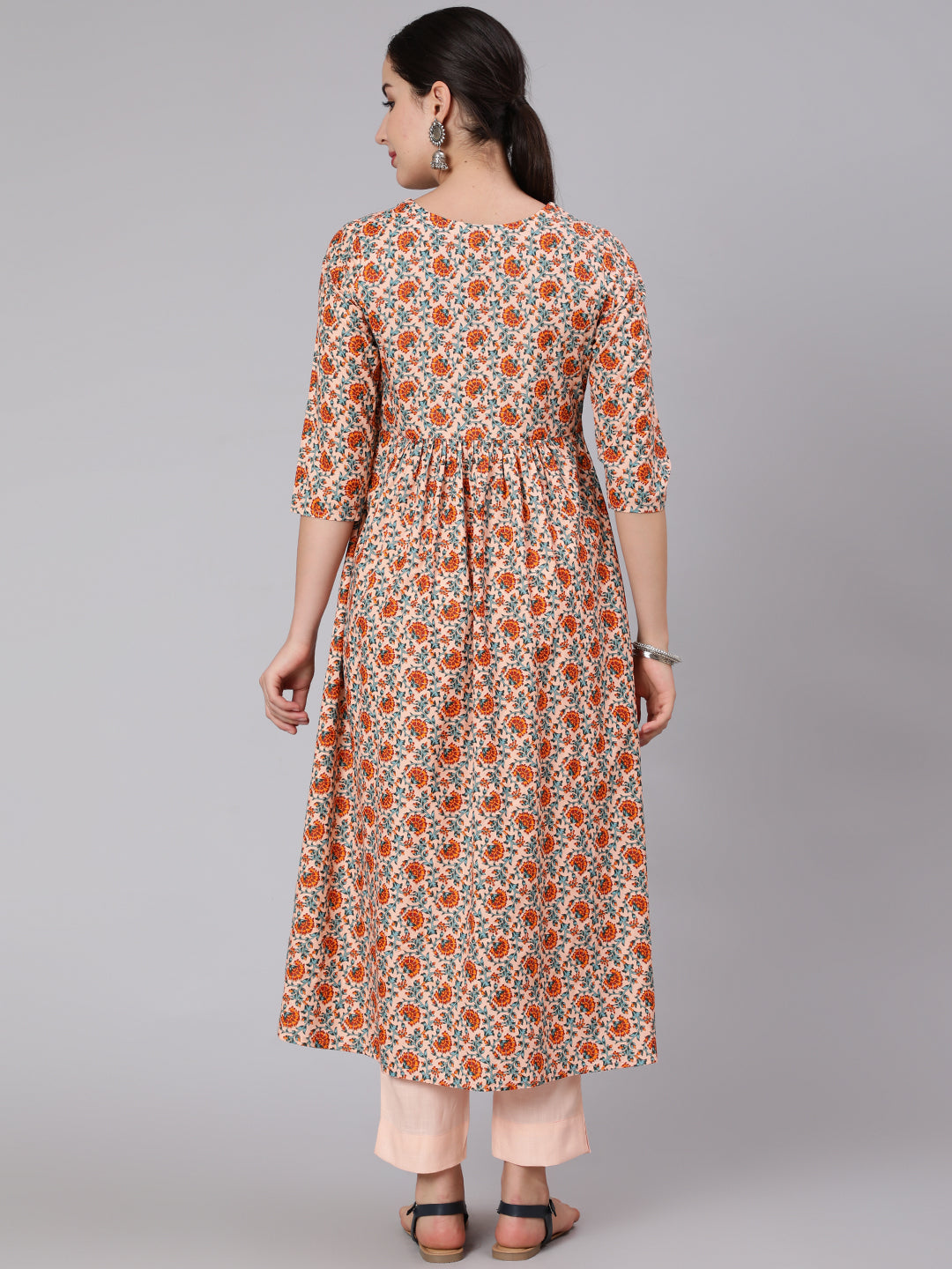 Rayon Calf Length Printed Flared 3/4 Sleeve Round Neck Kurta Set