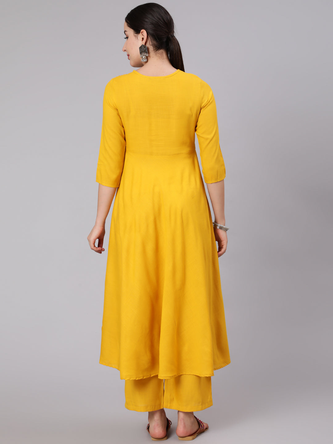 Rayon Calf Length Embroidered Flared 3/4 Sleeve Round Neck Kurta Set