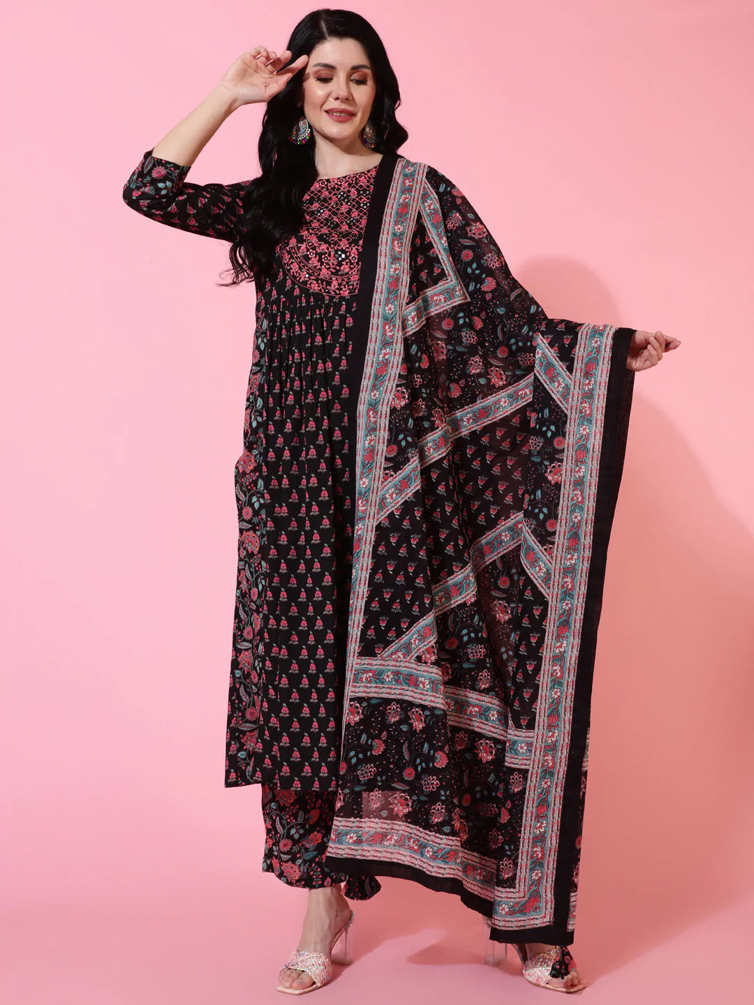 Cotton Calf Length Semi Flared 3/4 Sleeves Printed Round Neck Kurta Bottom Dupatta Set
