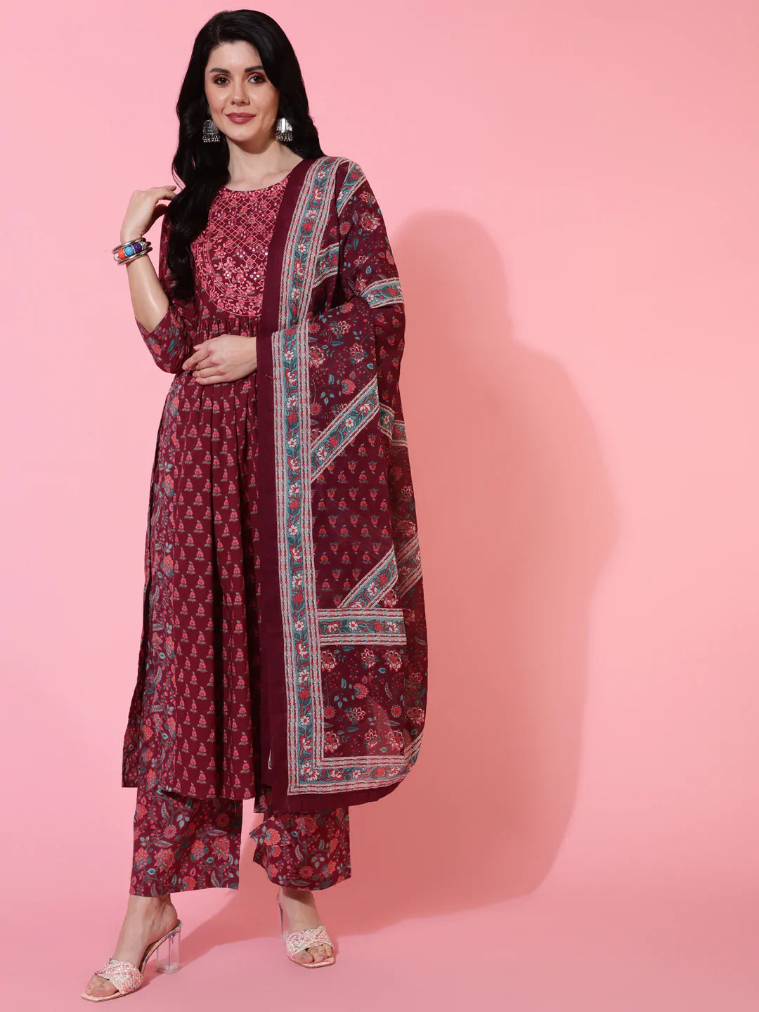 Cotton Calf Length Semi Flared 3/4 Sleeves Printed Round Neck Kurta Bottom Dupatta Set