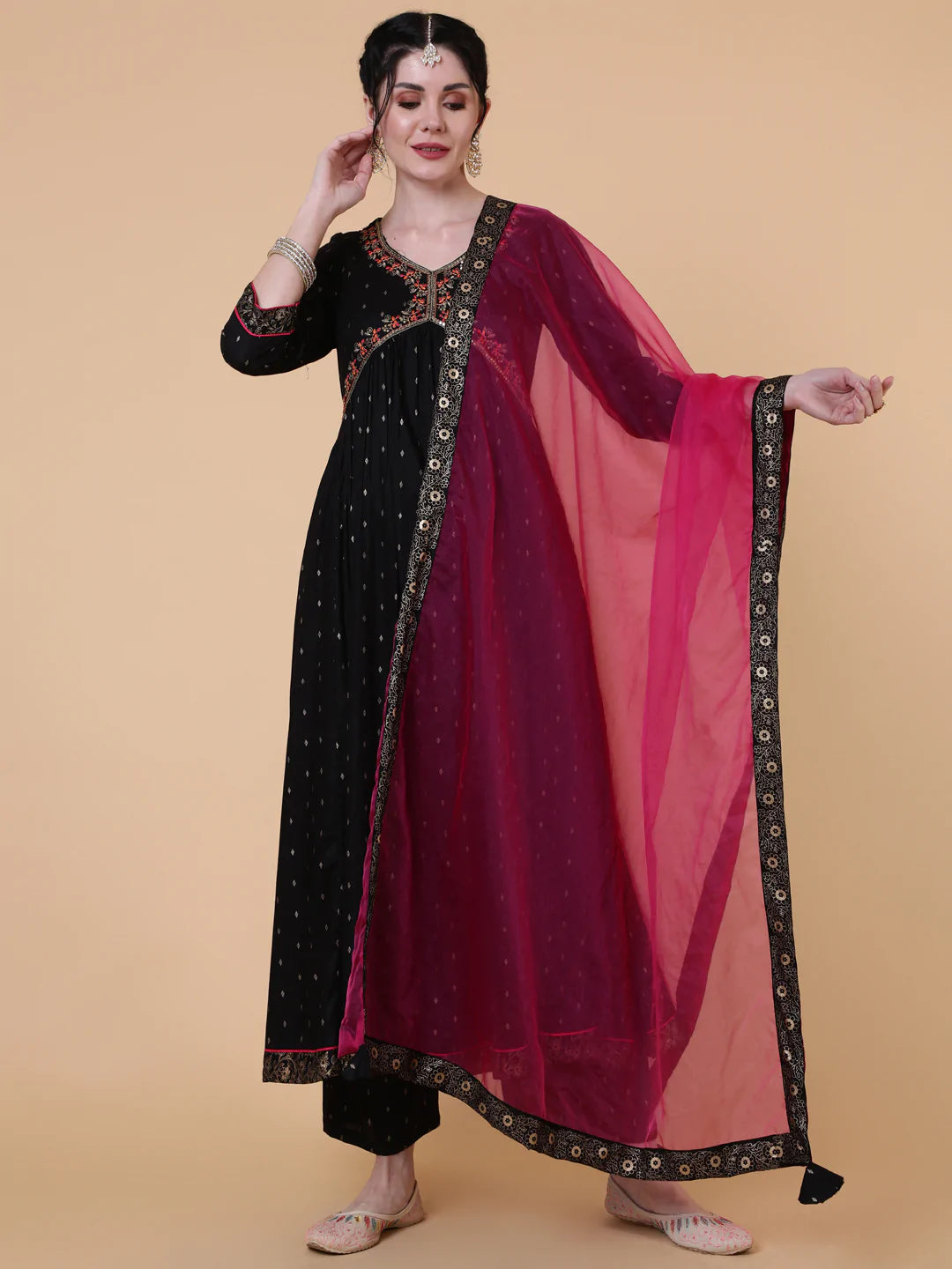 Rayon Calf Length Semi Flared 3/4 Sleeves Embroidered V-Neck Kurta Bottom Dupatta Set