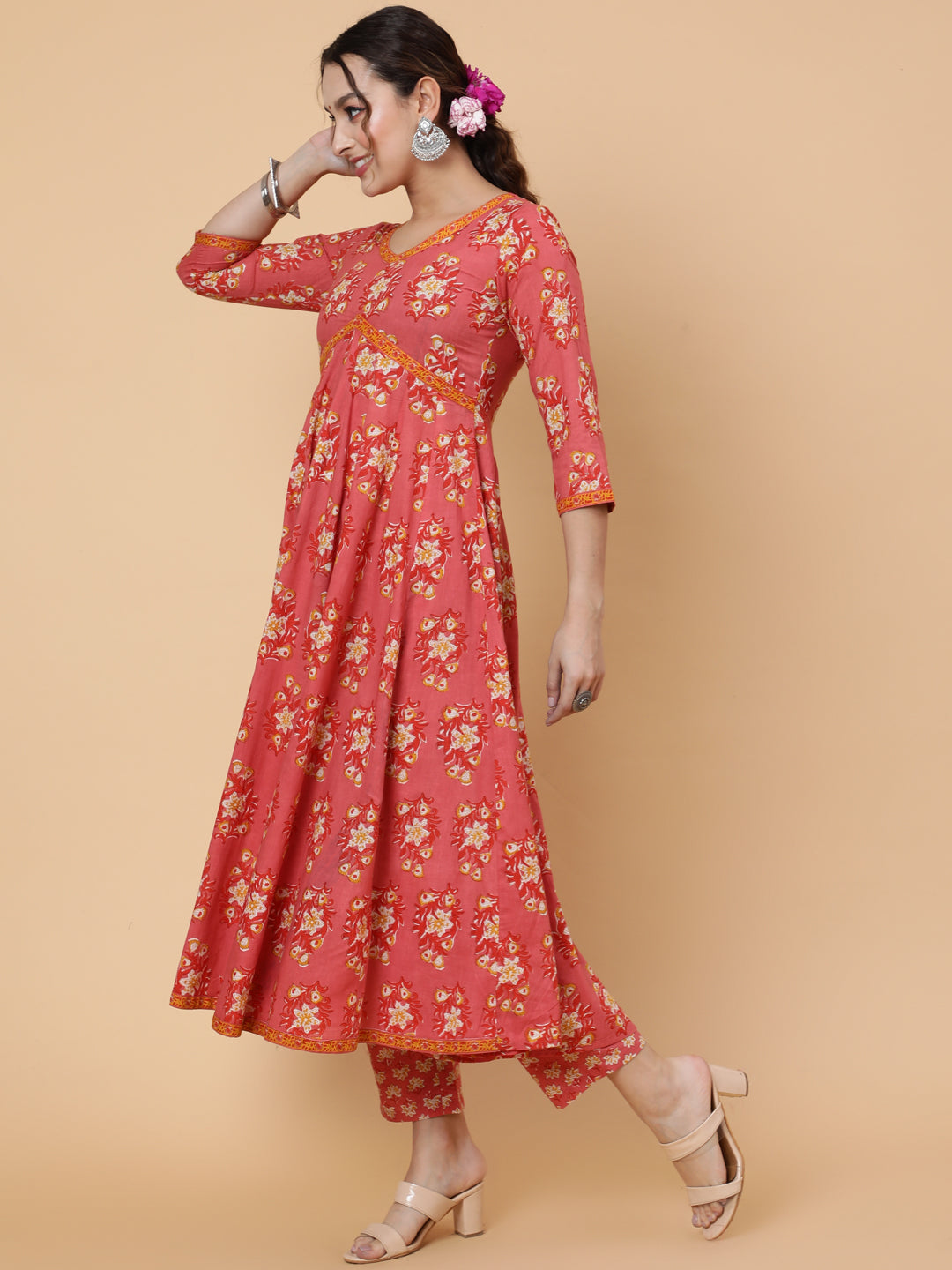 Cotton Calf Length Printed Semi-Flared 3/4 Sleeves V-Neck Kurta Bottom Dupatta Set