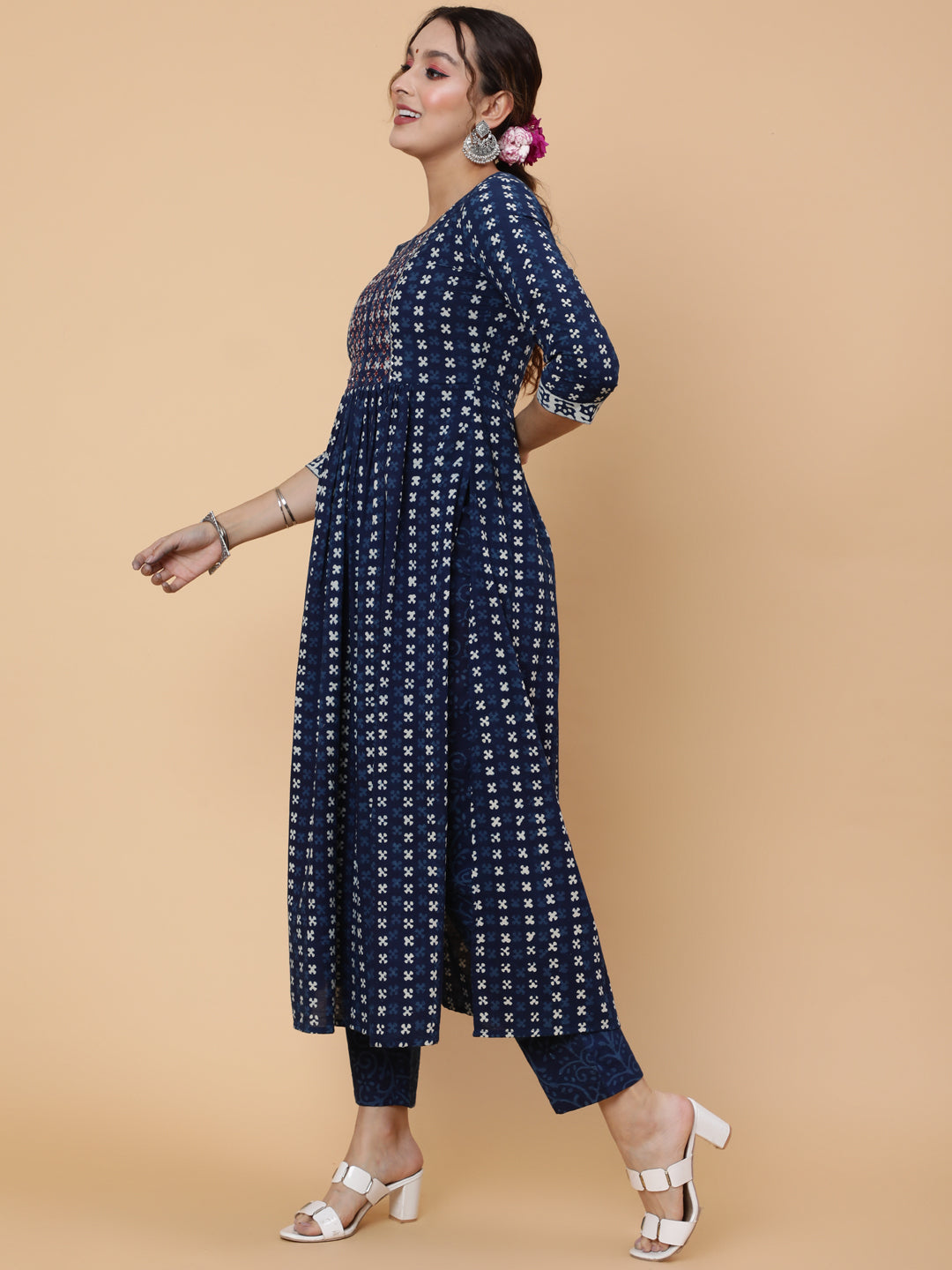 Cotton Calf Length Printed Semi-Flared 3/4 Sleeves Round Neck Kurta Bottom Dupatta Set