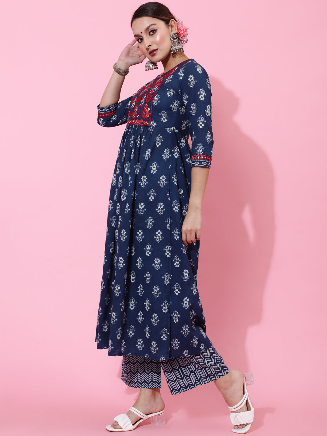 Cotton Calf Length Printed Semi-Flared 3/4 Sleeves Round Neck Kurta Bottom Dupatta Set