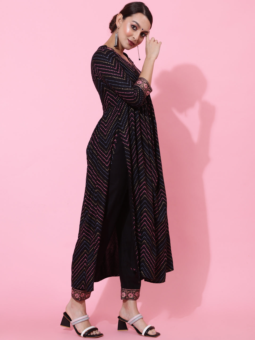 Rayon Calf Length Printed Semi-Flared 3/4 Sleeves V-Neck Kurta Bottom Set