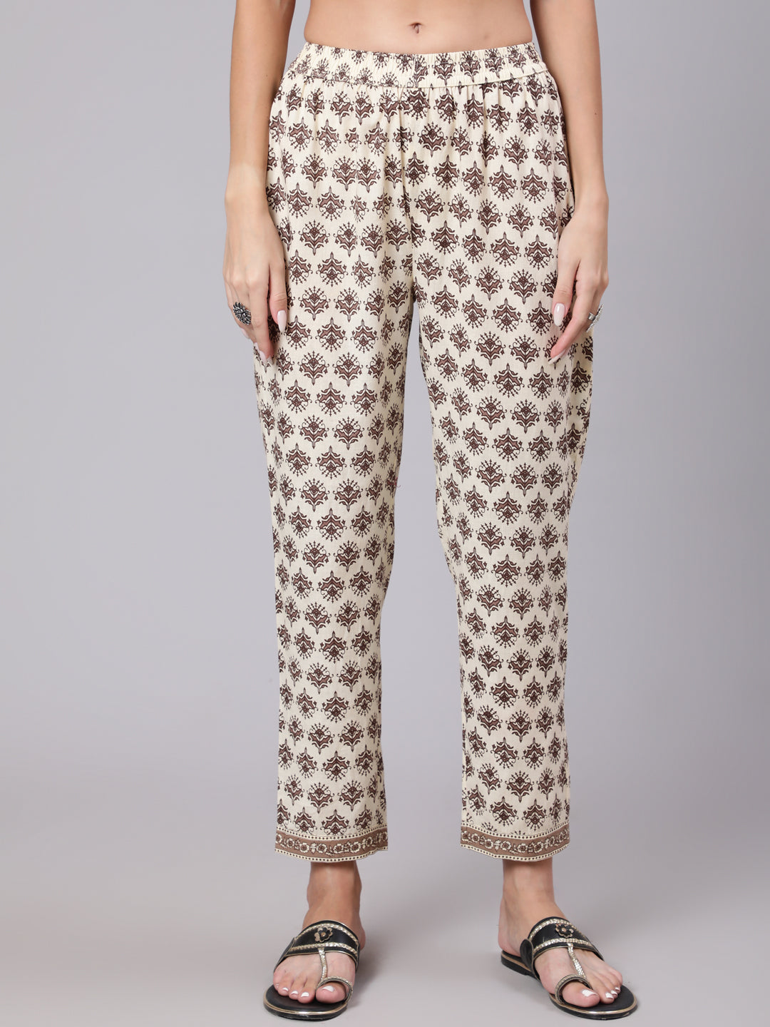 Cotton Calf Length Printed Flared 3/4 Sleeve Round Neck Kurta Bottom Dupatta Set