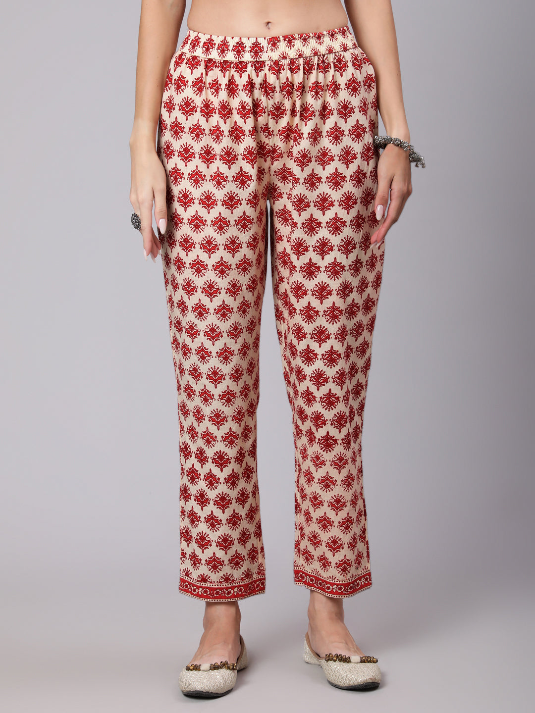 Cotton Calf Length Printed Flared 3/4 Sleeve Round Neck Kurta Bottom Dupatta Set