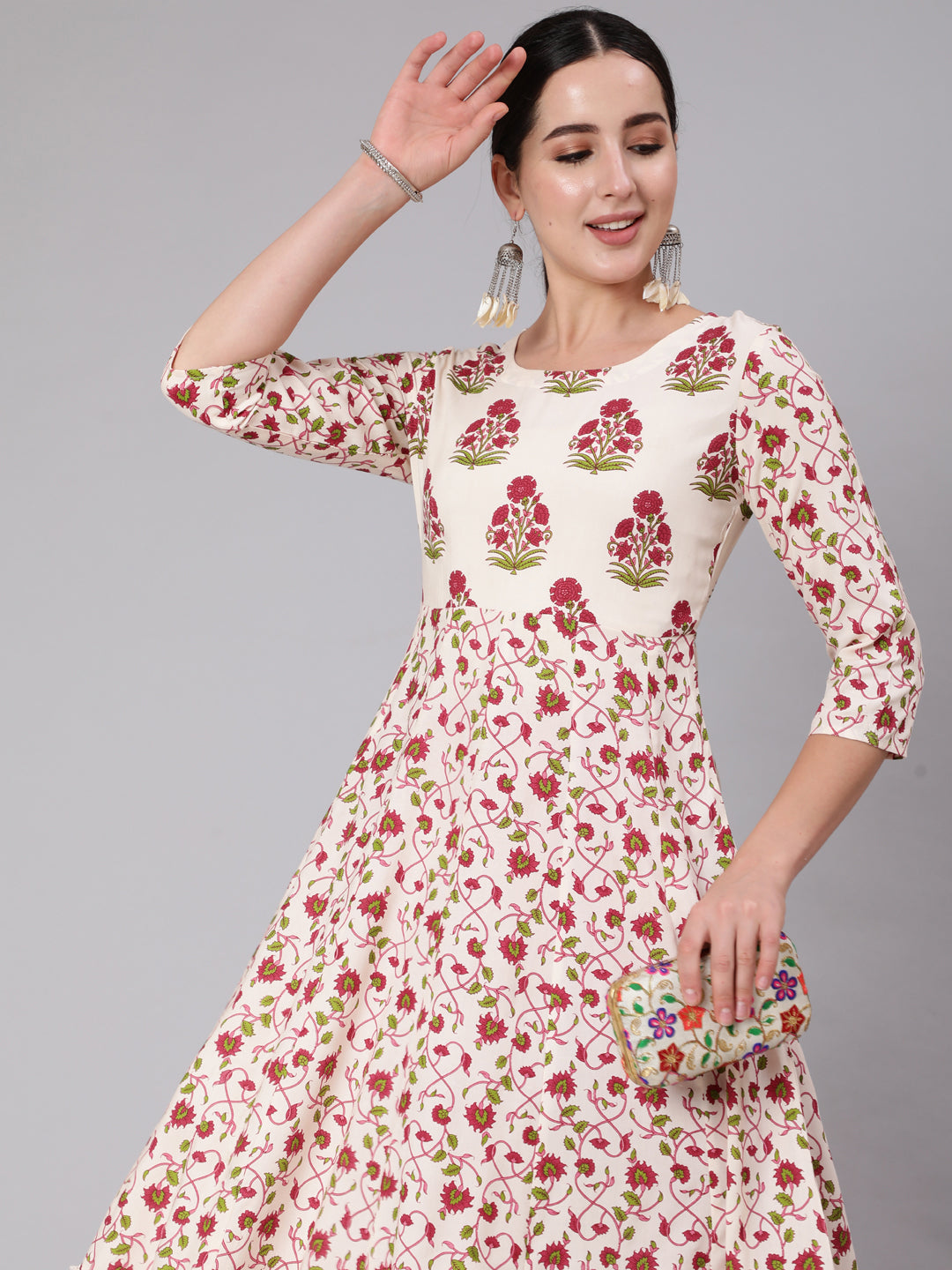 Rayon Ankle Length Printed Flared 3/4 Sleeve Round Neck Kurta