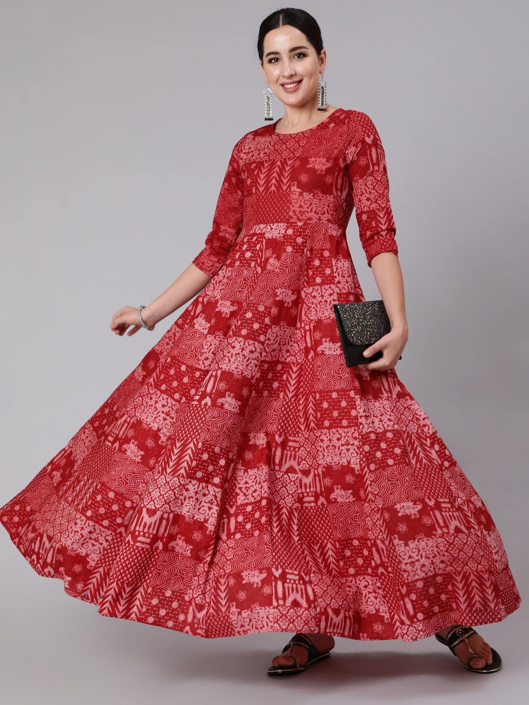 Cotton Ankle Length Printed Flared 3/4 Sleeve Round Neck Kurta