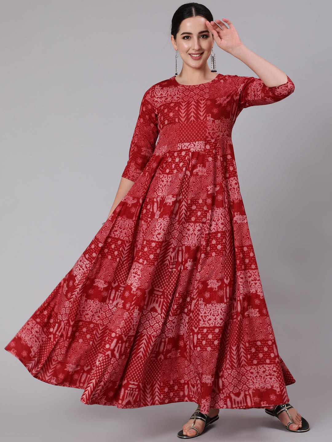 Cotton Ankle Length Printed Flared 3/4 Sleeve Round Neck Kurta