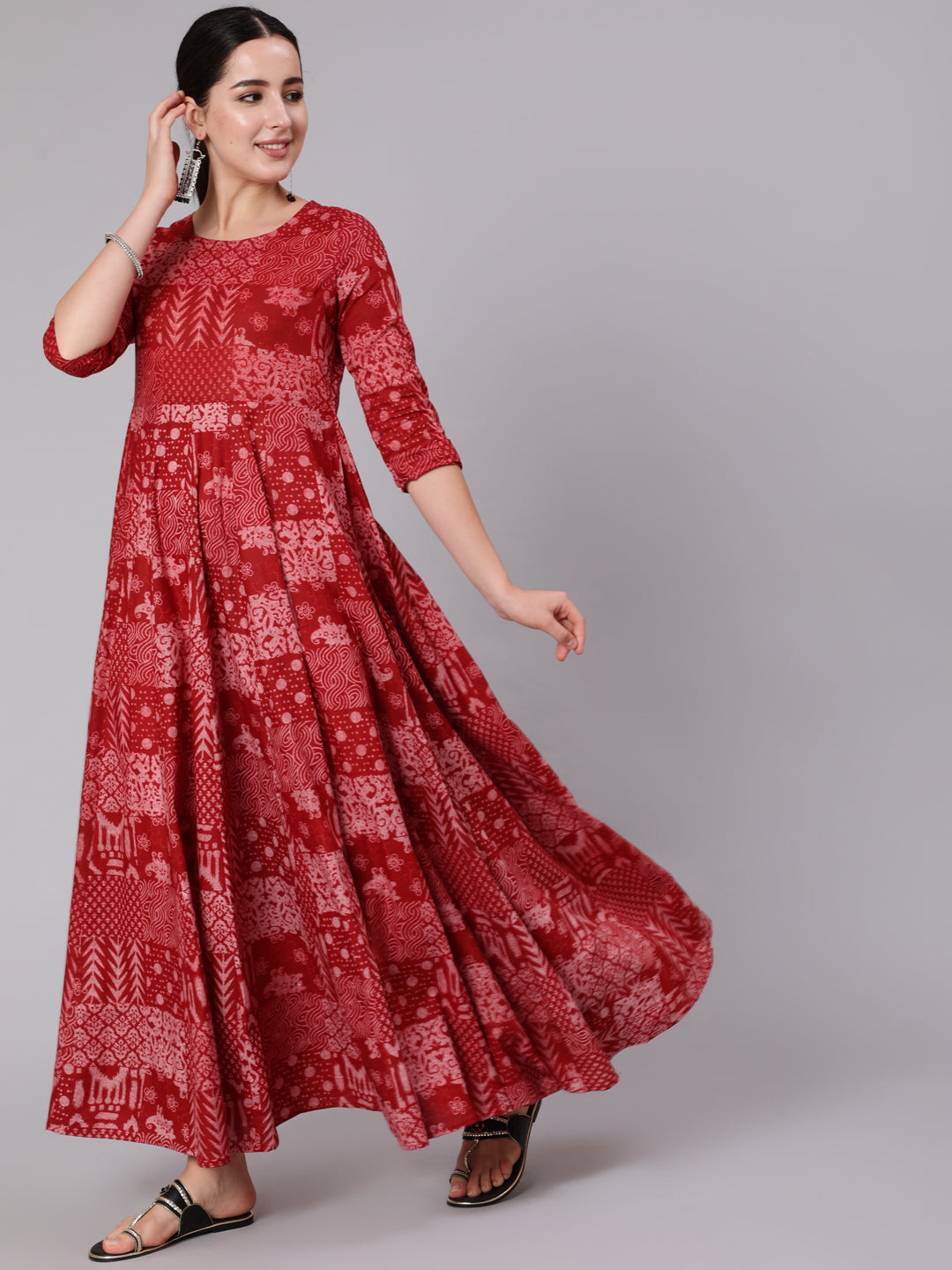 Cotton Ankle Length Printed Flared 3/4 Sleeve Round Neck Kurta